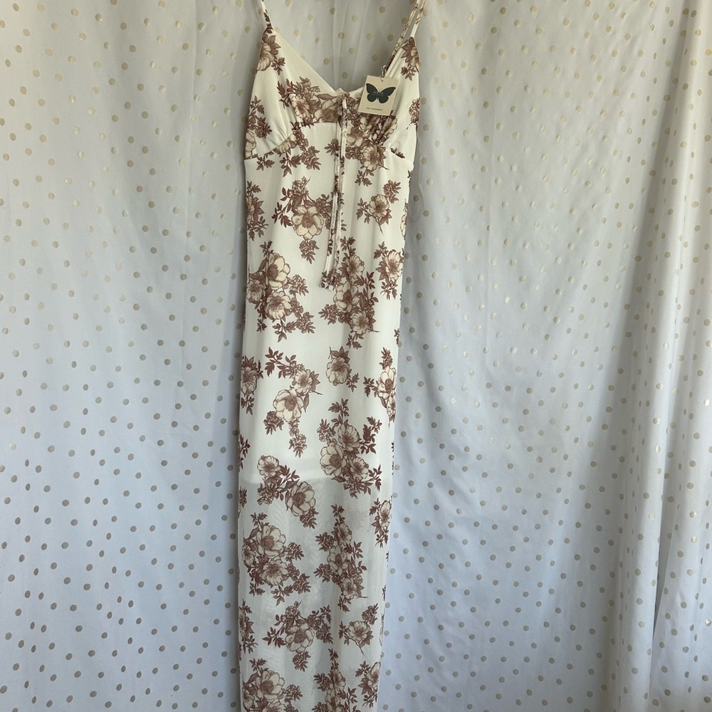 Chic White Maxi Dress with Brown Floral Design